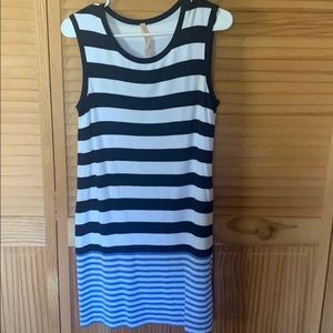 Sleeveless blue and white stripe dress